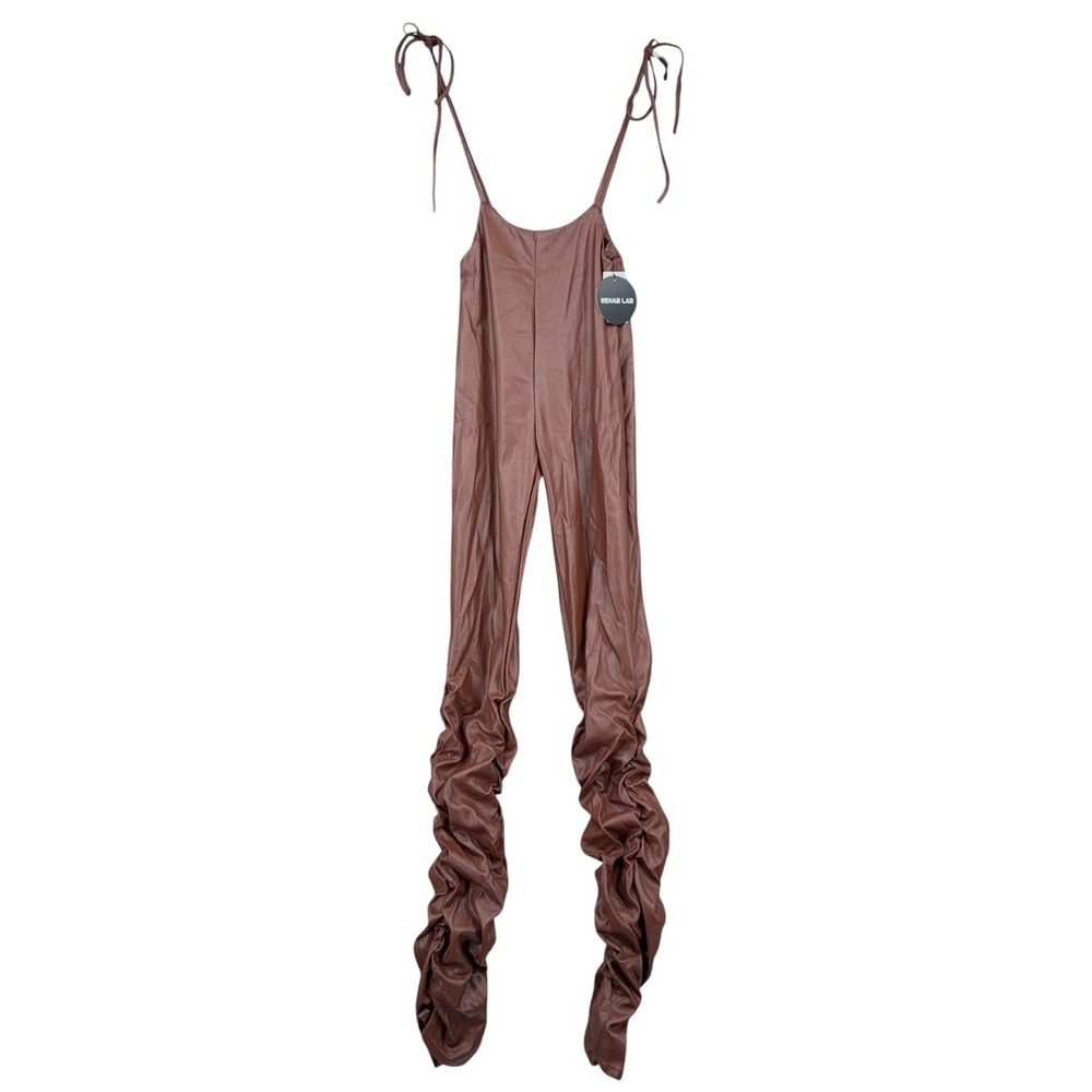 Rehab Lab Faux Leather Stacked Leg Jumpsuit Womens Size S Brown Tie Strap